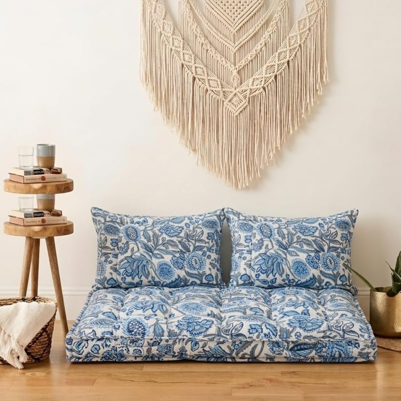 Image of Low Seating Floor Cushion 70 x 152 cm with 2 Back Support Cushions | Thick Quilted Cotton Floor Mattress Pad | Floral Printed Gadda for Sitting, Meditation, Yoga & Living Room Floor Seating