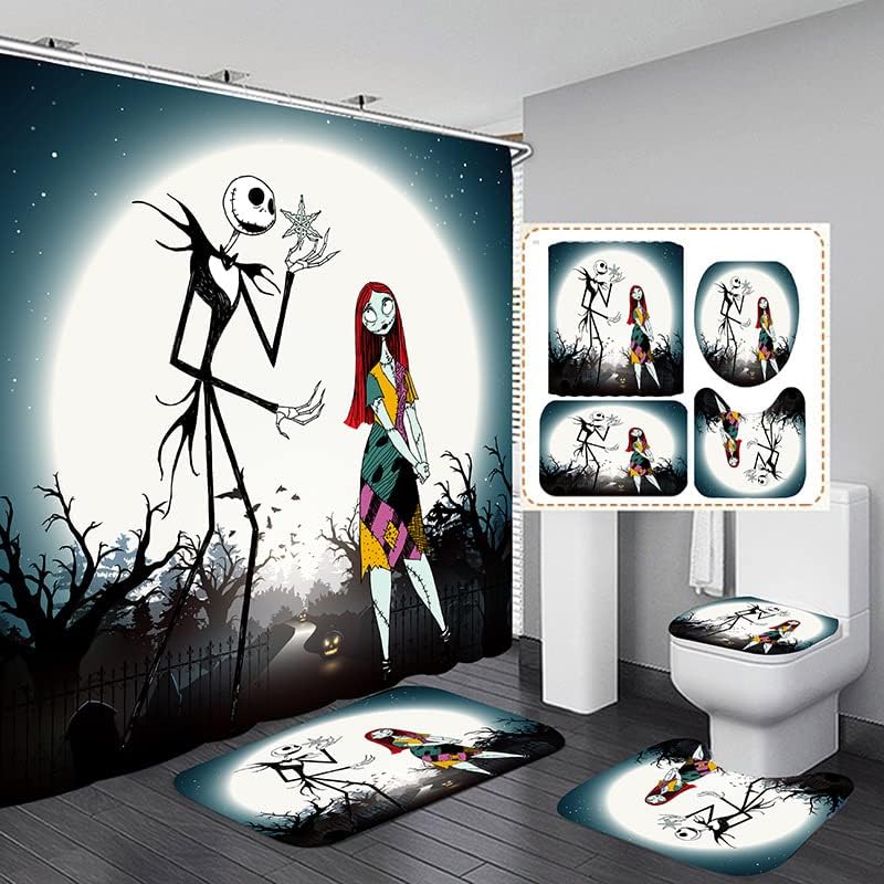 VARWANEO Juego de 4 cortinas de ducha de Halloween, hermoso patrón de cartón, accesorios de baño impresos (T1, 4 piezas)