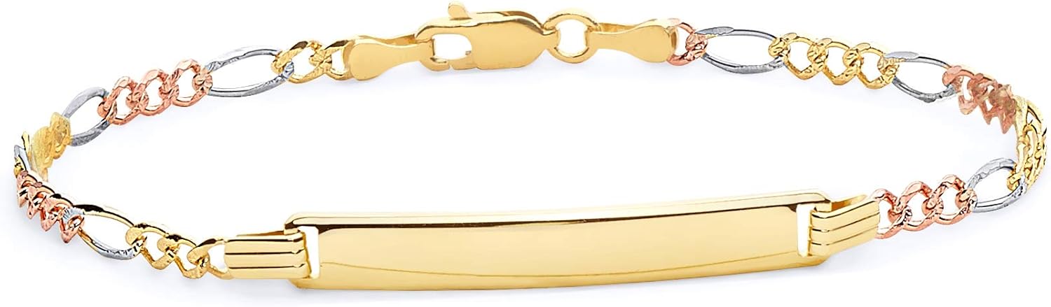 14k REAL Tri Color Gold Figaro 3+1 ID Bracelet - 7.5"