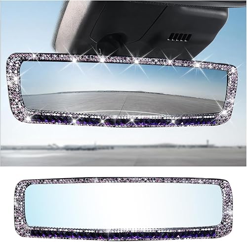 AUCELI Espejo retrovisor para automóvil, espejo retrovisor interior con diamantes de imitación brillantes con vidrio HD, espejo retrovisor con clip