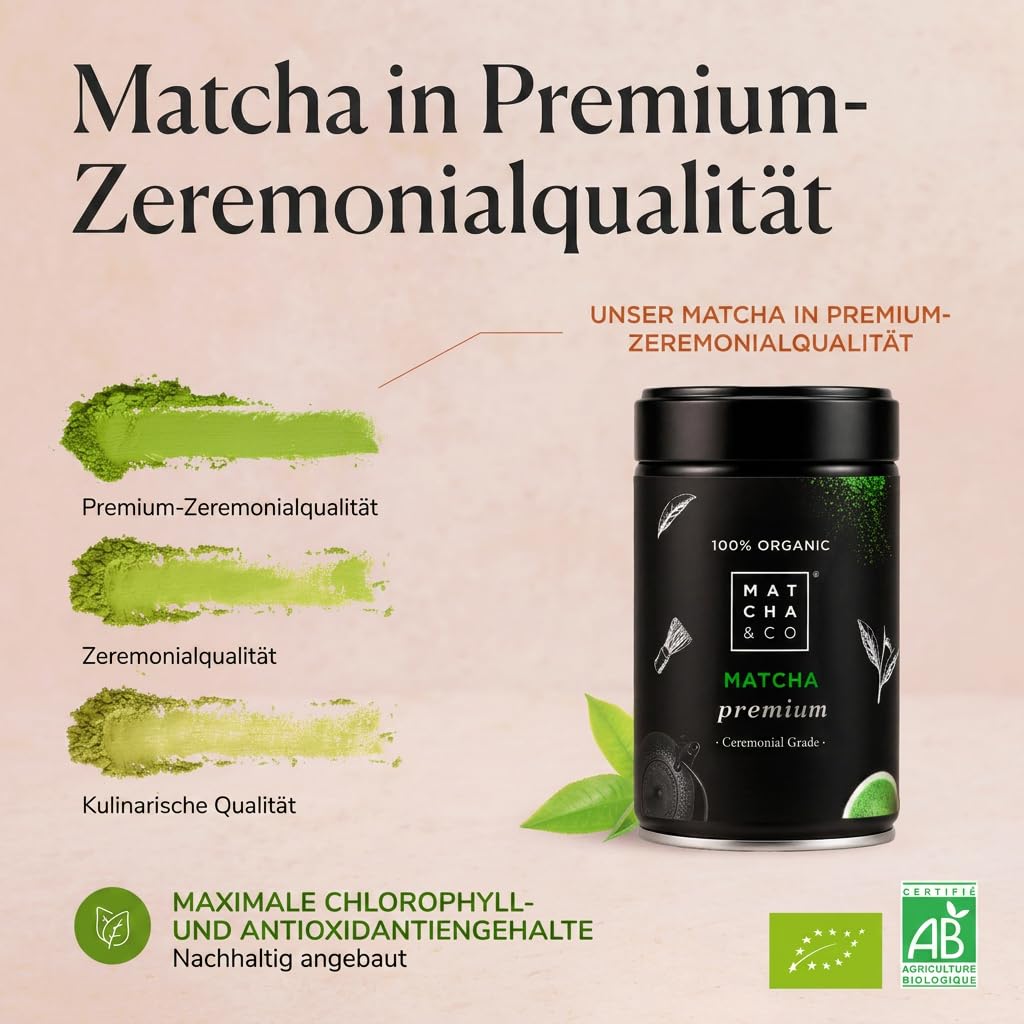 Matcha & CO 100% biologischer Premium-Matcha-Tee 80 g Zeremonielle Premiumqualität Bio-Grünteepulver aus Japan