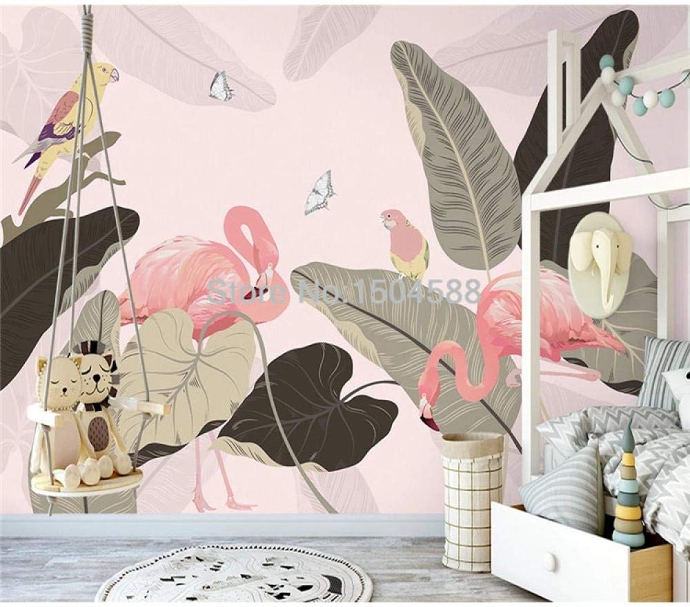 Papier peint oiseau rose et plante tropicale 350x245 cm pour salon