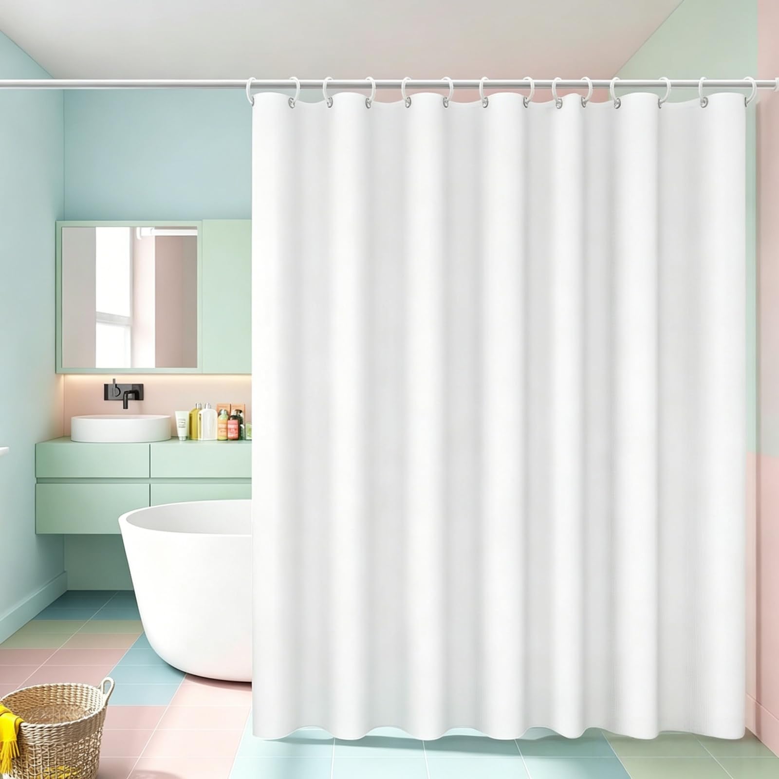 Wasserdicht Duschvorhänge 195 x 160 cm Beschwerter Saum Duschvorhang für Badezimmer mit 12 Duschvorhangringe für Badezimmer, Badewanne, Weiß