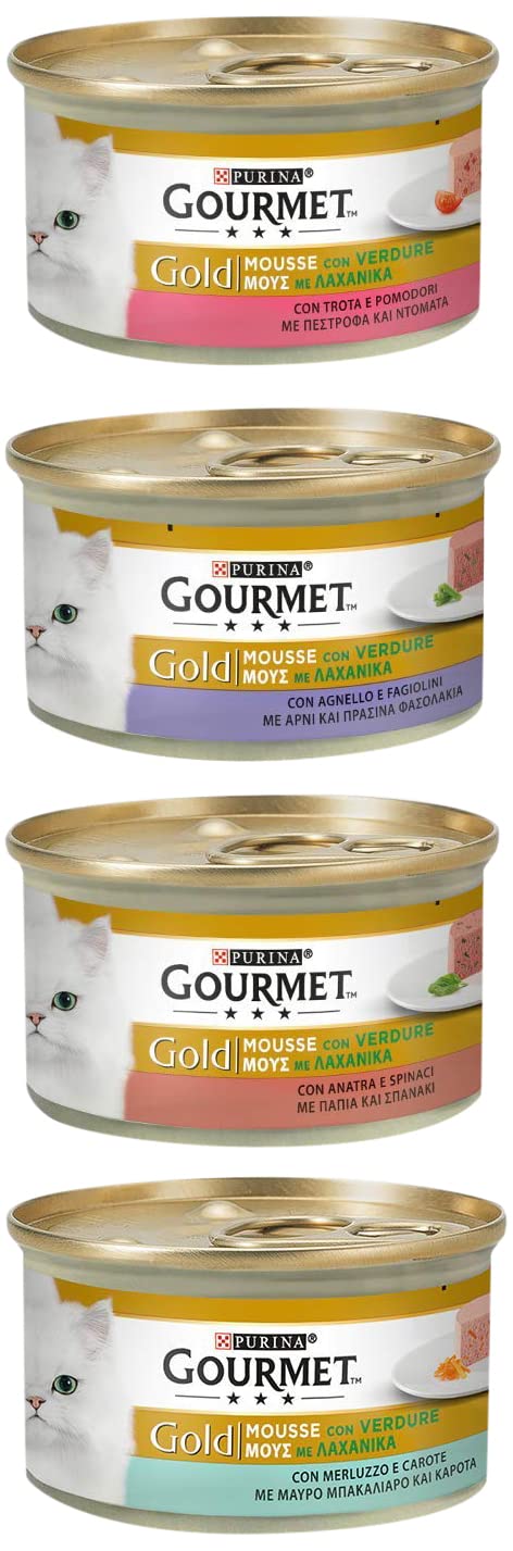 Purina Gourmet Gold-Mousse mit feuchtem Gemüse, Katze, Lamm, Ente, Trot, Kabeljau, 96 Dosen à 85 g