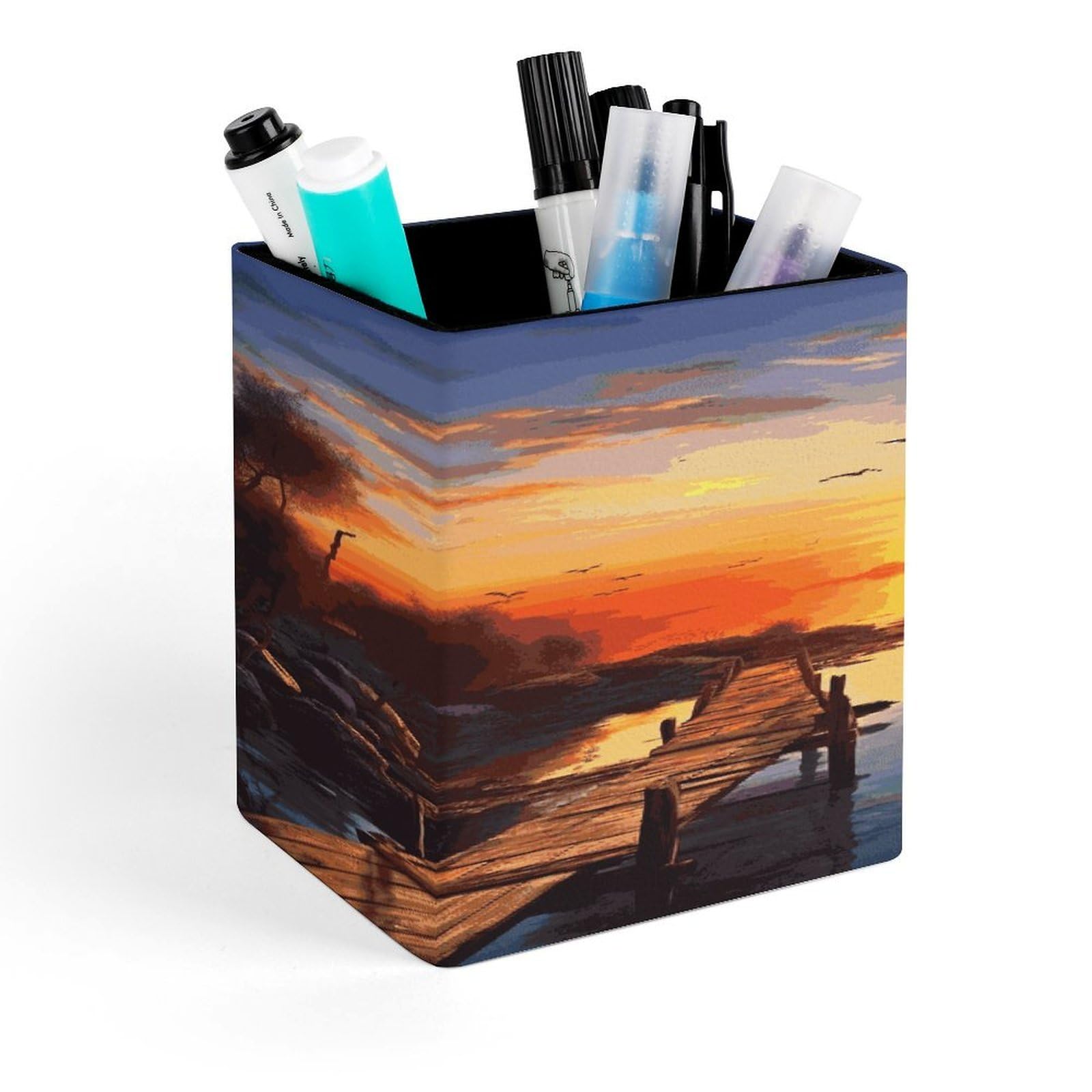 JTREHY Sunset Scenery Pen Holder Square Pen Pencil Holder Makeup Brush Holders Cup PU Leather Pencil Cups Desktop Caddy Stationery Organizer Case Office Accessories Container Box