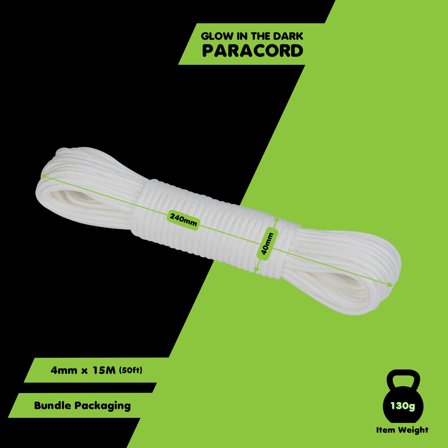 Brotree Cuerda Fluorescente Luminosa Paracord 4mm 15m Cuerda Brilla en Oscuridad 9 Hebras para Tienda, Bricolaje, Artesanía, Camping