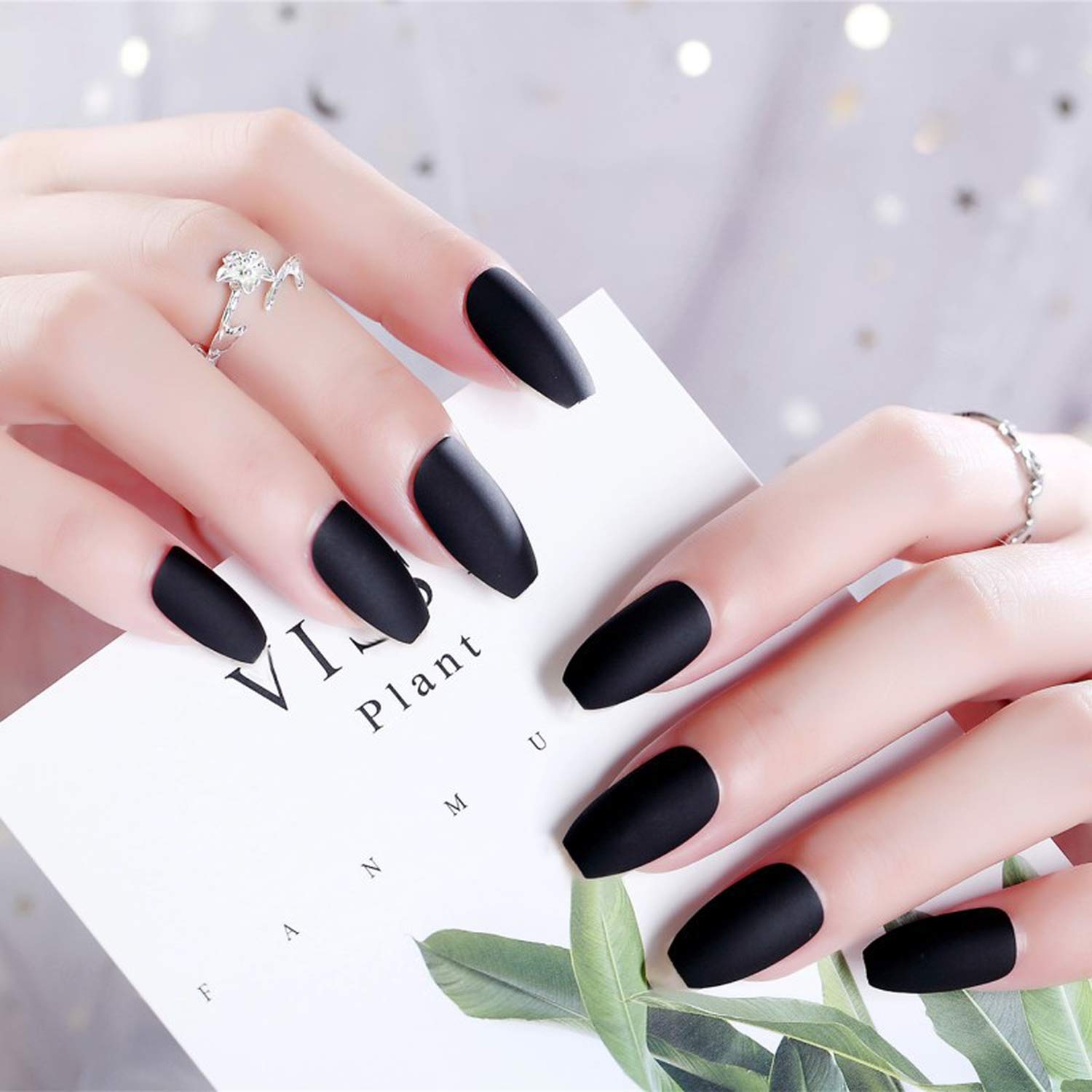 24pcs/set Rose PShort Full Cover Frosted Nail Tips Round Head matte false nails black small oval fake nails art set-Multi-