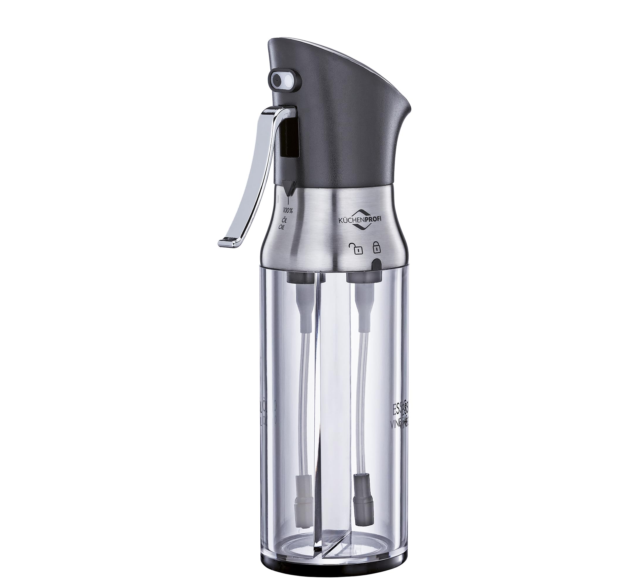 Küchenprofi 2in1 Essigsprüher/Ölspender SIENA | Olivenöl und Essig-Sprühflasche | Edelstahl/Glas | Ölspray-Flasche | Sparsames und exaktes Dosieren | Große Füllöffnung | 20,5 cm, je 95 ml
