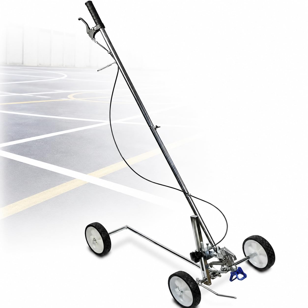 Machine de traçage de lignes avec cadre à roues pour places de stationnement