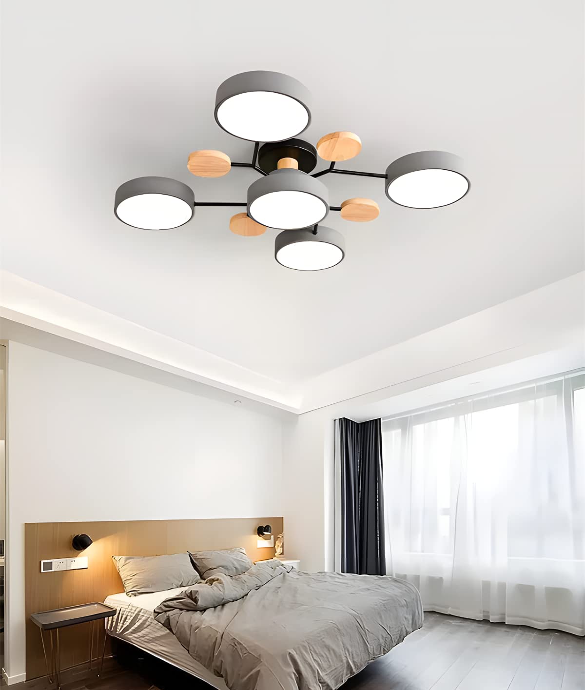 LYMSXAZOU White LED Nordic Semi Flush Mount Ceiling Light with Acrylic Circular Design and Wood Decoration - Modern Chandelier Sputnik Fixture for Living Room, Dining Bedroom