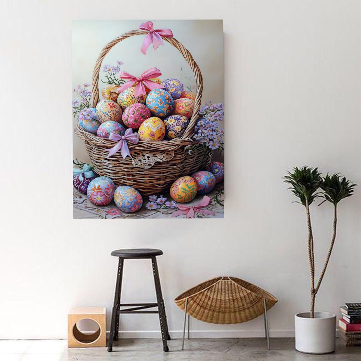 YUNART Ostereier Bild auf Leinwand frühlingshafte Wandkunst im Vintage Landhausstil für Innendekoration in Schlafzimmer Wohnzimmer und Küche 60x90cm Innenrahmen