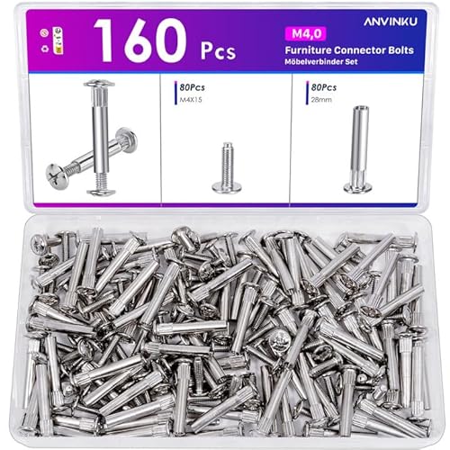 160PCS M4 Cupboard Joining Bolts, ANVINKU 31-40mm Cabinet Connectors (80PCS Binding Screws & 80PCS Connecting Sleeves), Nickel-Plated Steel Furniture Connector Bolts, Cabinet Screws for Furniture
