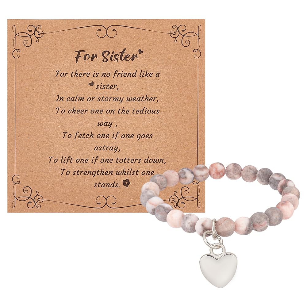 Naturstein Armband Rosa Mit Herzanhänger - Dehnbar, Mit Geschenkkarte - Für Mutter, Freundin, Schwester