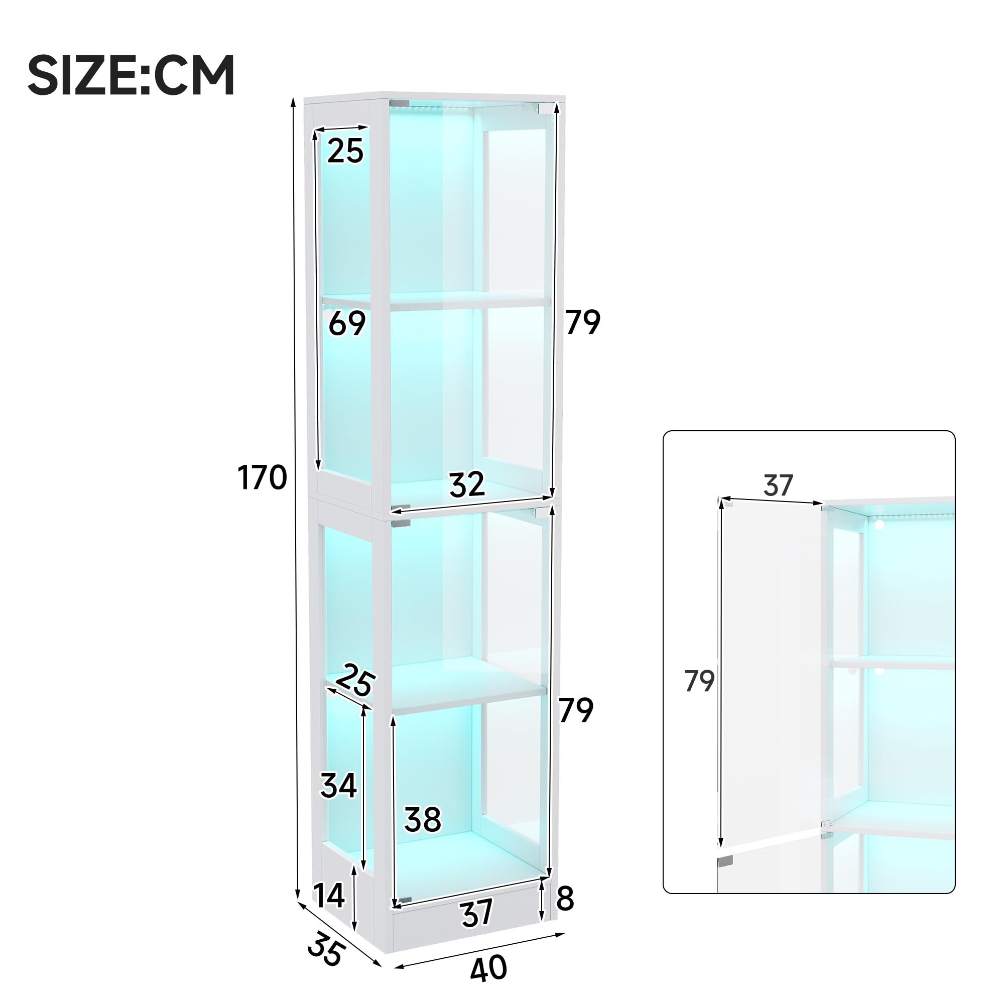 Vitrina de colección LED, cristal templado, 40 x 35 x 170 cm, puerta única, luz LED controlada por aplicación, cuatro pisos, puerta push-to-abierta, blanco minimalista