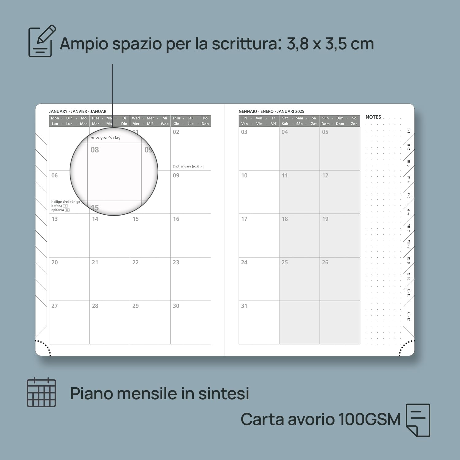 POPRUN Agenda Settimanale 2025 Verticale 22 x 16,5 cm, Copertina Morbida in Pelle Vegana, Planner 2025 con Tag Mensili, Carta Spessa da 100 GSM, Verde Pacifico