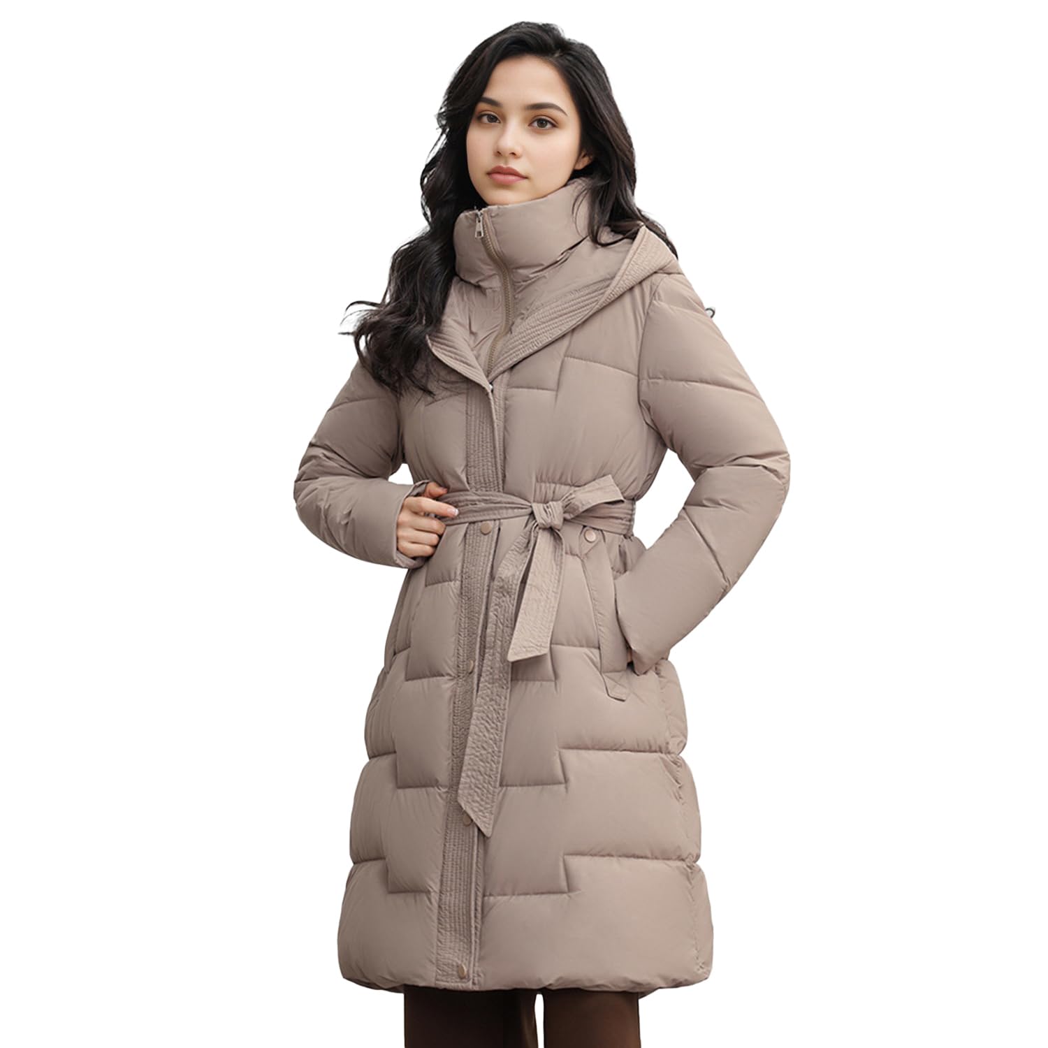 Verdickte lange Daunenjacke für Damen, mit Kapuze, Winter-Puffer, Oberbekleidung, Parka, Mantel, Stehkragen, knielang, Schneeanzug mit Gürtel