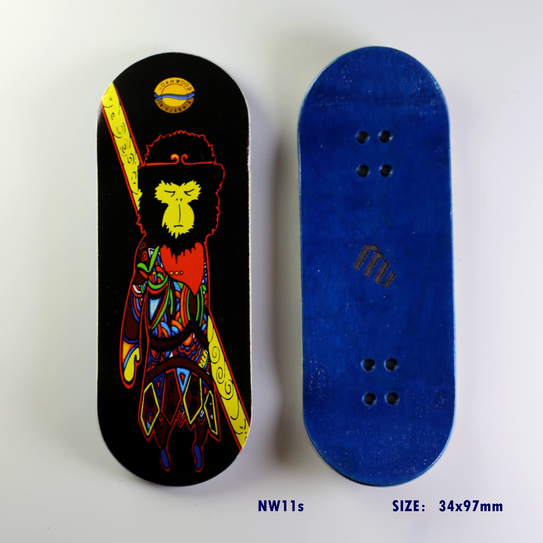 NOAHWOOD Diapasones (NW9.0 Kickflip Deck 98 mm x 34 mm, 5 capas de madera de arce hechos a mano) + (Actualización NOAHii 34 mm Camiones)+(NW iii Logo Handmade Wheels) (Monkey King)