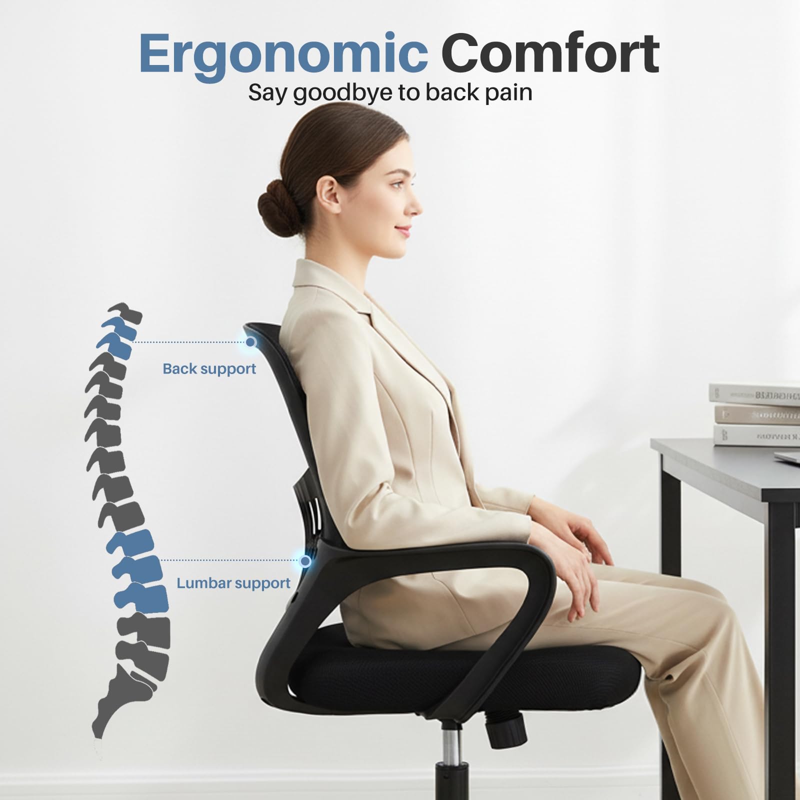 DUMOS Home Office Computer Chair - Ergonomic Mid Back Desk with Lumbar Support and Rocking Mode, Height Adjustable with Fixed Armrest, for Conference Meeting Room, 360° Swivel, Adults, Black