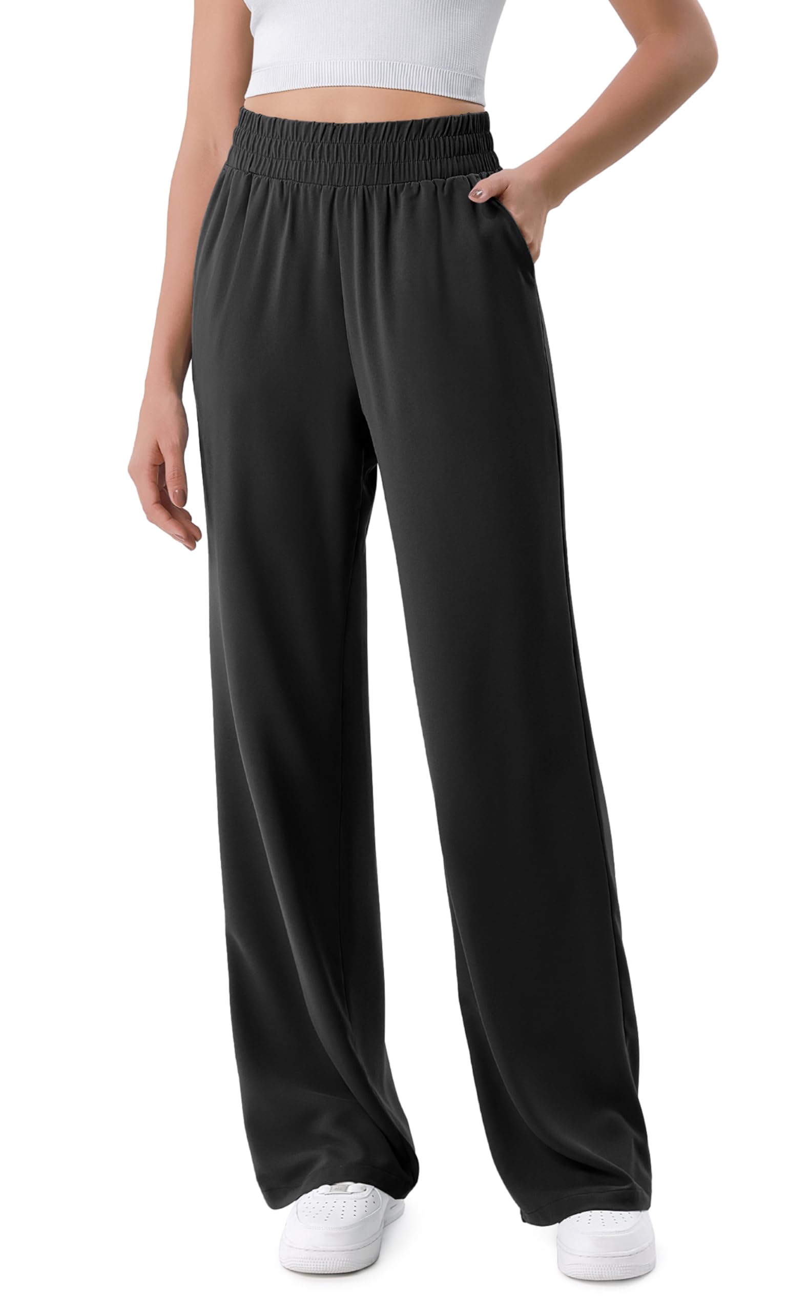 ODODOS Chiffon Flowy Wide Leg Pants for Women Lightweight High Waist Pull-On Pants with Pockets, 31