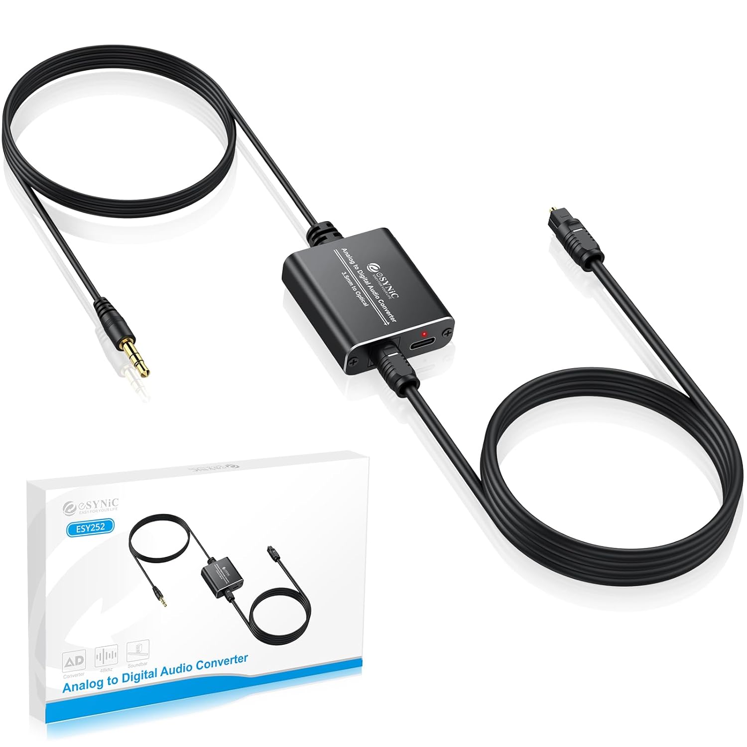 eSynic Portable 3.5mm to Optical Adapter[Only from 3.5MM Audio Jack Devices to SPDIF Toslink Soundbar] Metal Shell 7.22 FT Analog to Digital Converter from Laptop/PC/Projector to Optical Soundbar - Amazon product rated Grade A