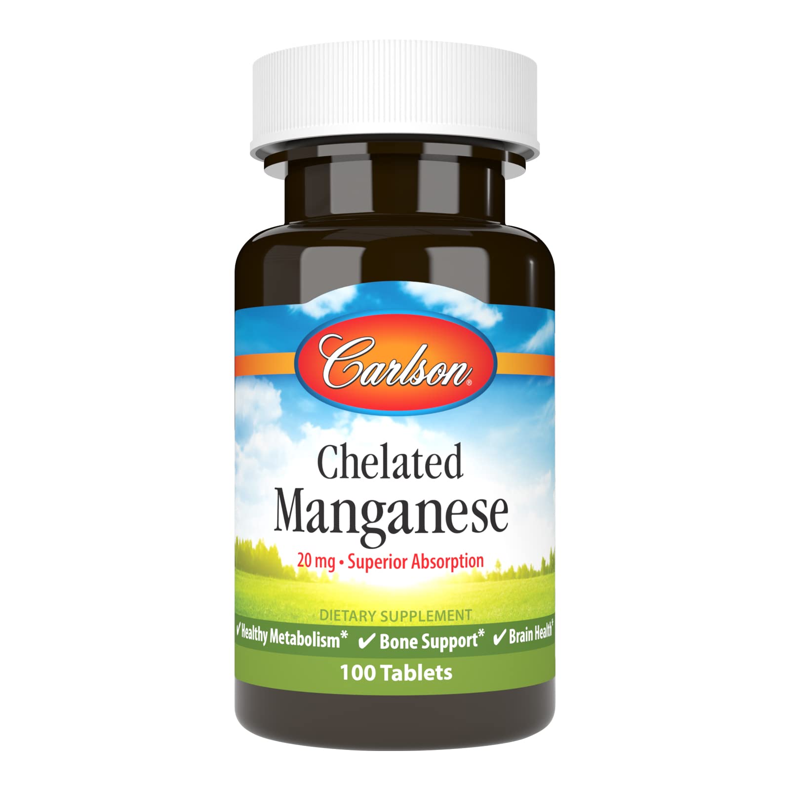 Chelated Manganese, 20 mg, Superior Absorption, Healthy Metabolism, Bone Support & Brain Health, 100 Tablets