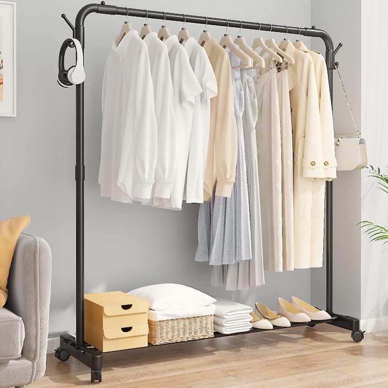 Heavy Duty Clothing Rack with Shelf – Freestanding Garment Rack with Storage, Hanging Rail & Bottom Shelf for Clothes, Shoes, Bags –Metal Wardrobe Organizer for Bedroom or Entryway (W100B3)