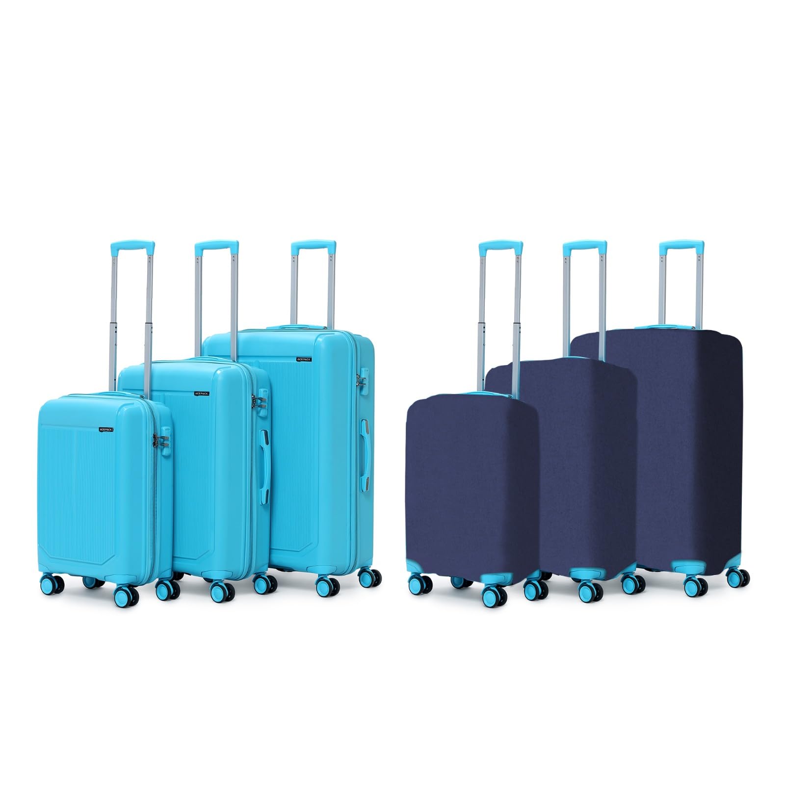 VLITE Megatron Family Set of 6 Luggage with Covers | 3 Trolley Bags (20/24/28) + 3 Luggage Covers (20/24/28) | Lightweight Polypropylene Hard Shell, 360° Spinner Wheels (Teal/Solid Black)