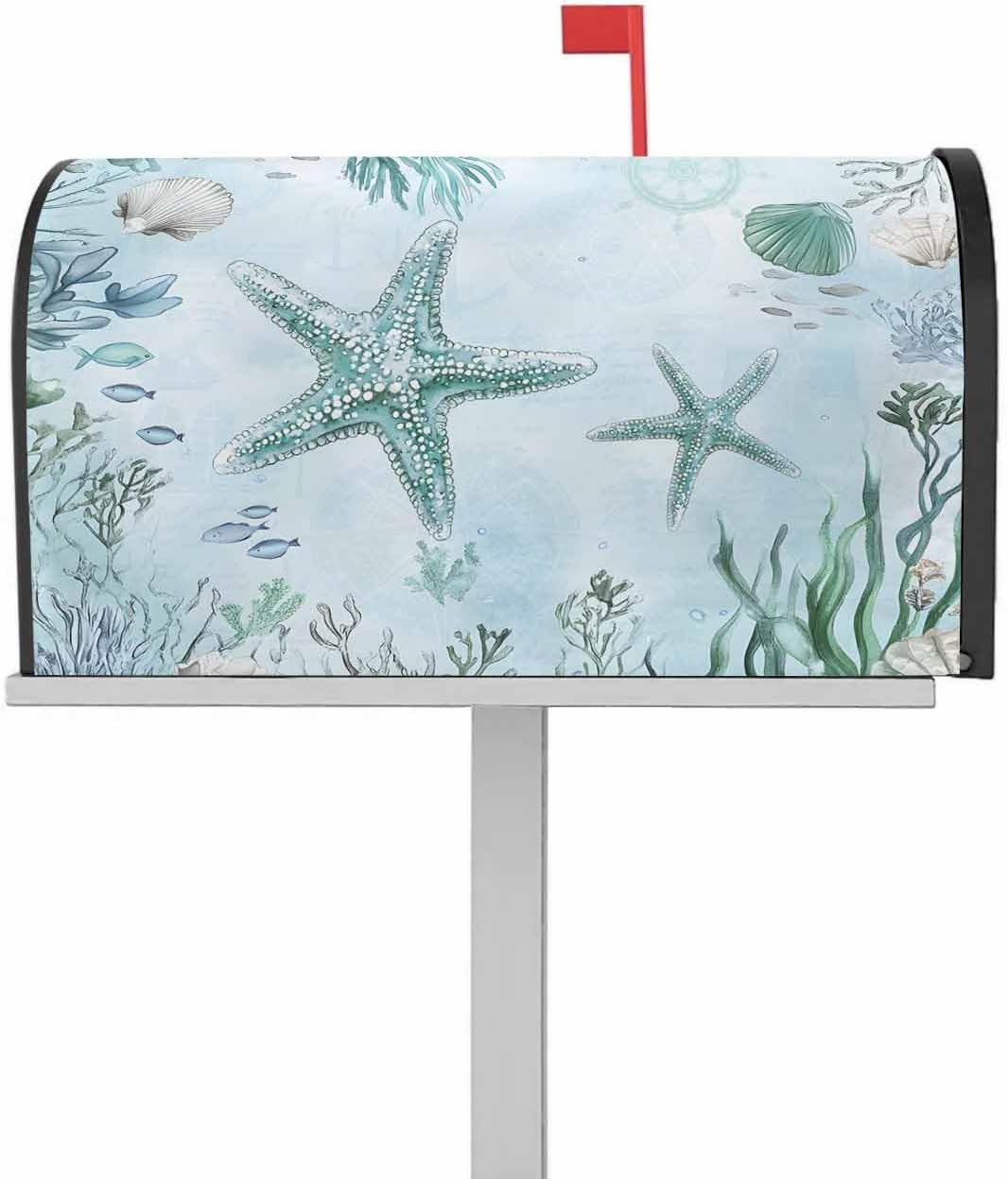 Coastal Starfish Mailbox Covers Magnetic Standard Size,Nautical Coral Tropical Fish Seashells Decorative Post Letter Numbers Box Wrap Covers Small Accessories for Garden Yard Outdoor Décor