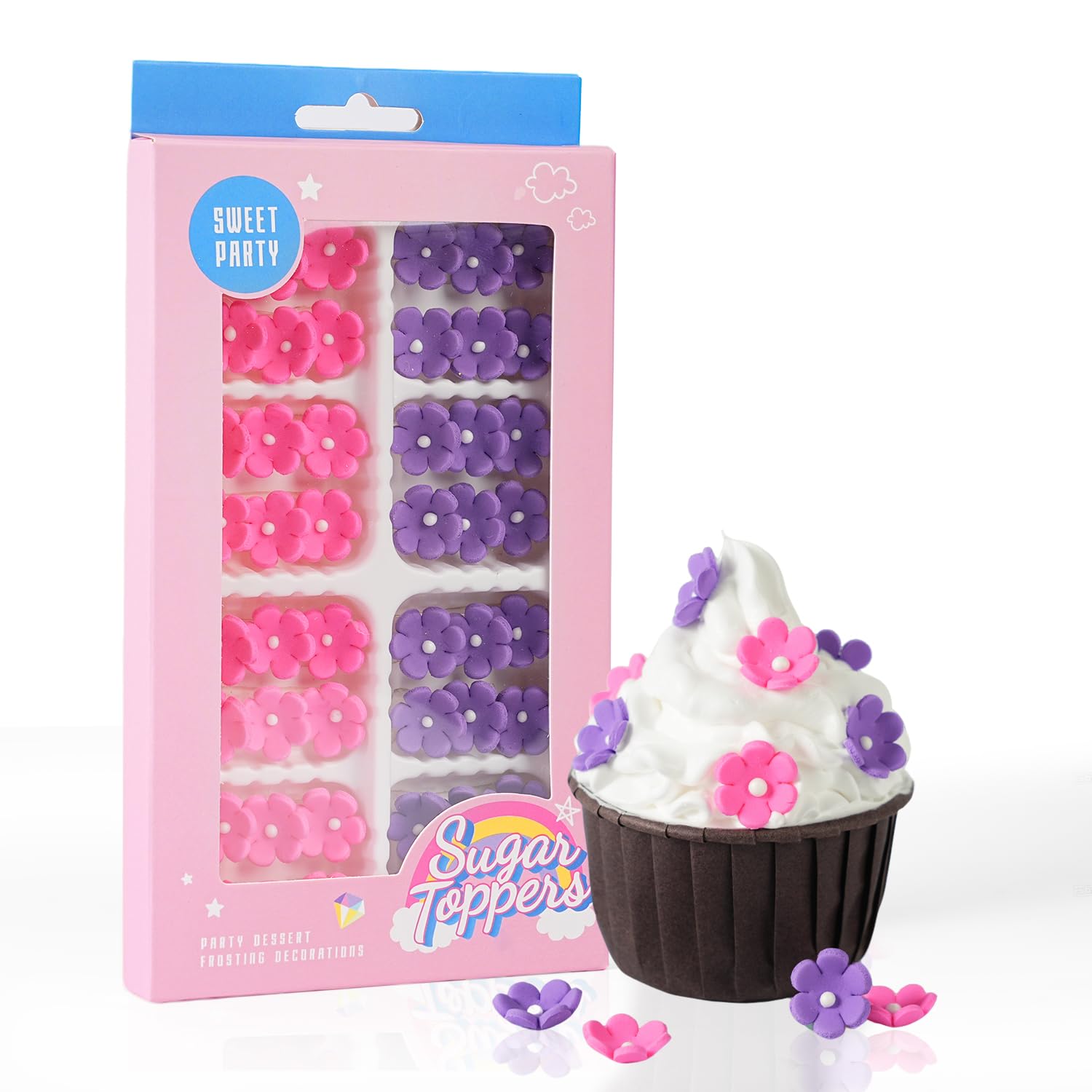 Edible Flowers Cake Decorations 48 Count Pink Purple Blossoms Royal Icing Decorations Daisy Sugar Wedding Flowers for Baking Cupcakes Ice Cream Waffles Cookies Birthday Cake