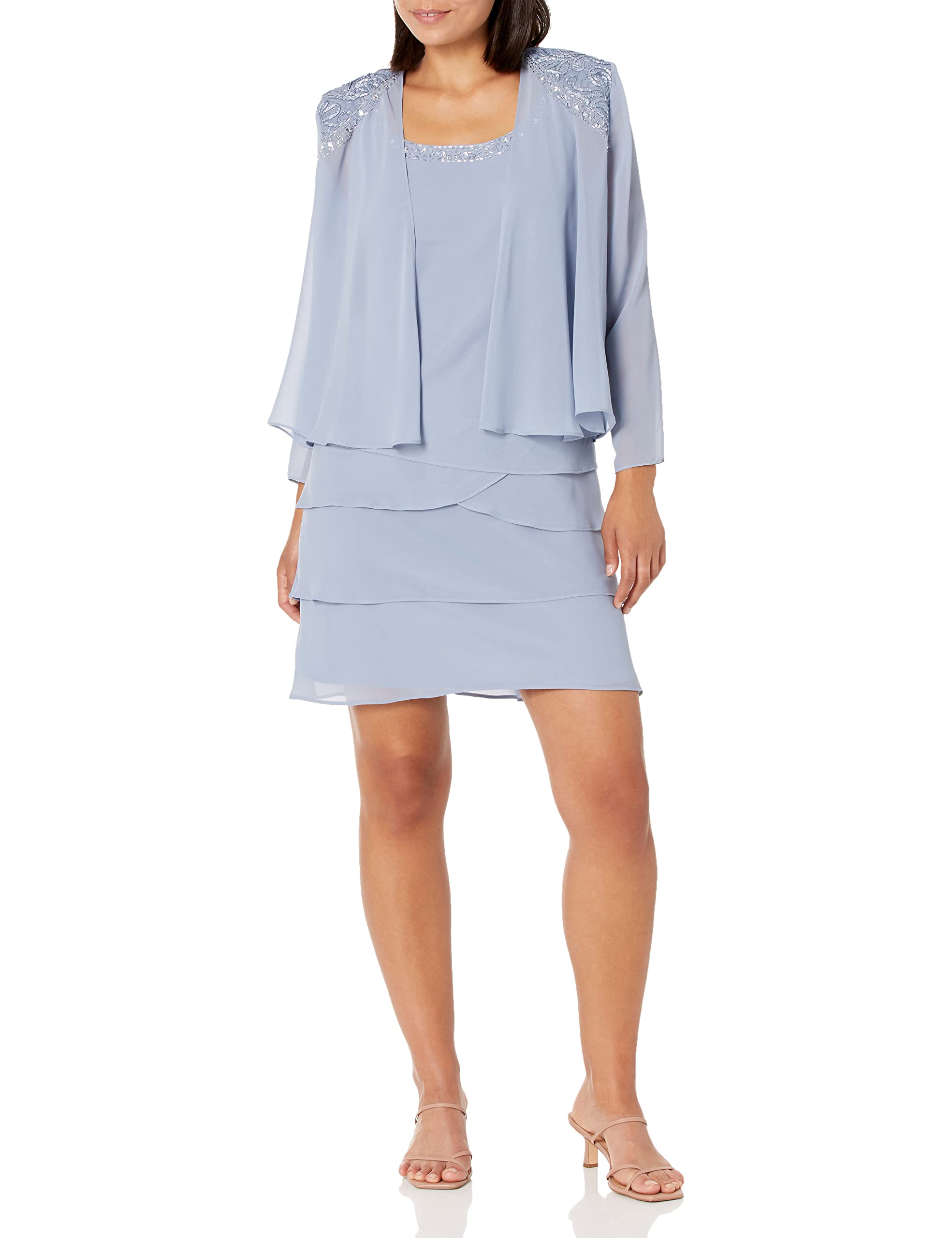 S.l. Fashions Women's Hydrangea Embellished Tiered Jacket Dress (Petite And Regular) Special Occasion, 20
