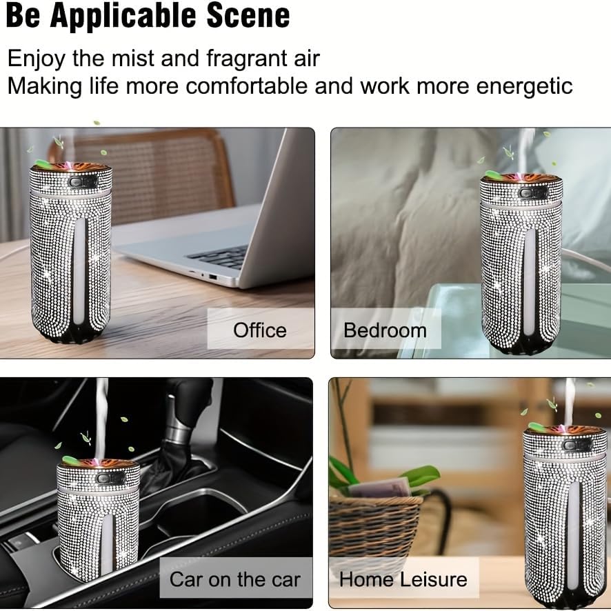 Miniatura 6 de Humidificador de coche con diamantes de imitación, humidificador USB de aceite esencial para coche, humidificador de aromaterapia, portátil, mini