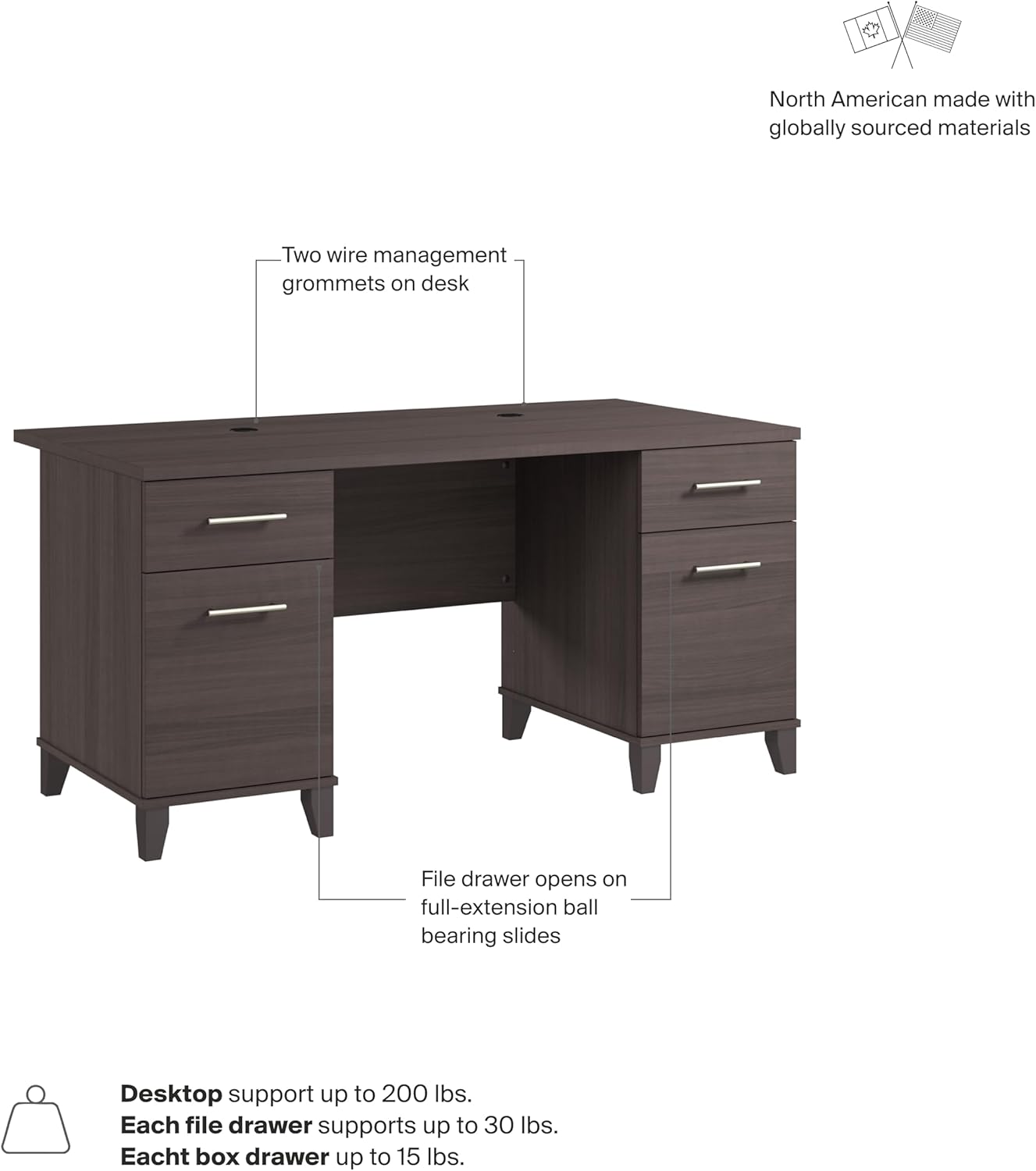 Bush Home 60-Inch Office Desk with Drawers, Computer Desk with File and Box Drawers, Home Office Workstation with Storage Cabinet, Writing Desk Furniture, Somerset Collection, Storm Gray
