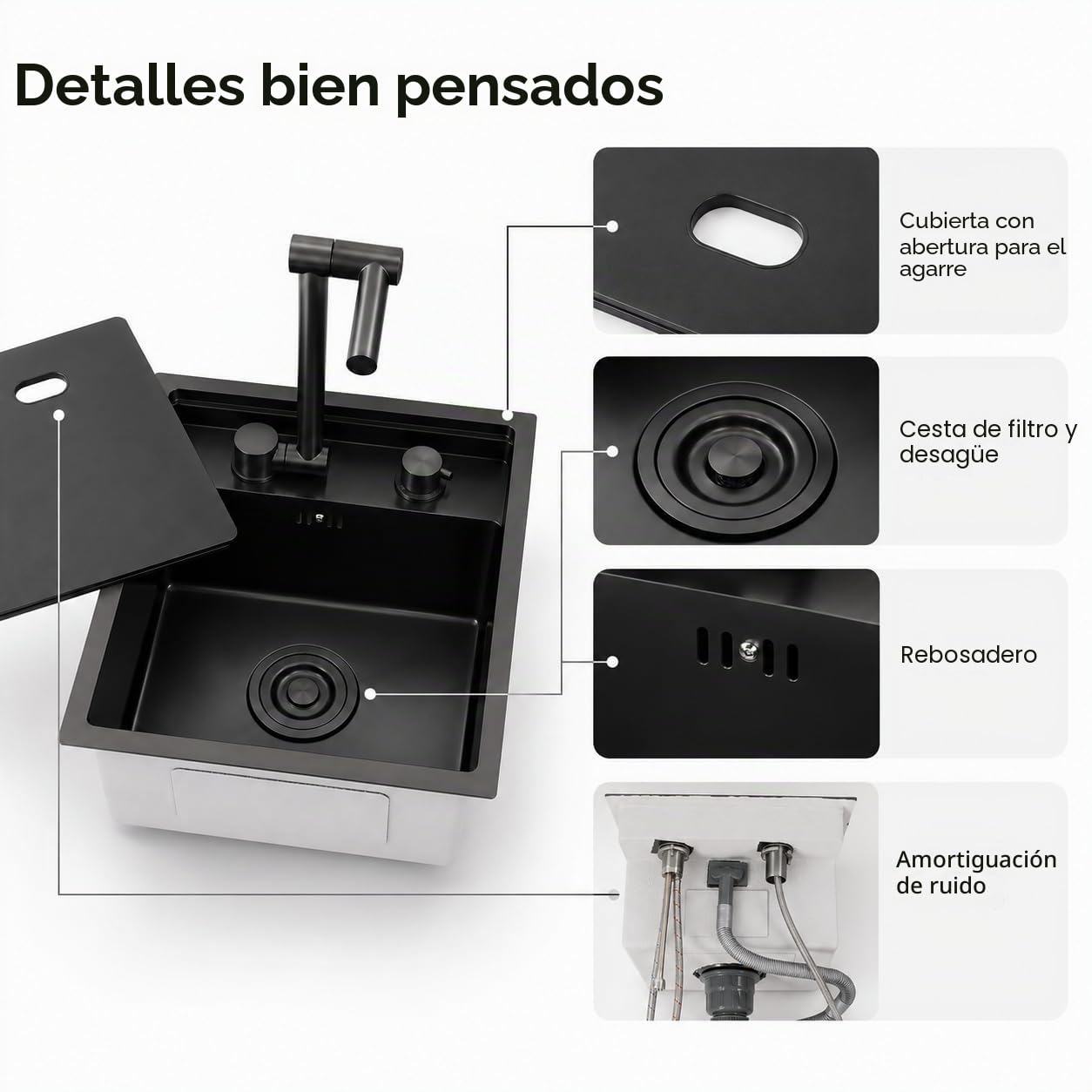 Fregadero de cocina para subplano, 39 x 43 x 23 cm, lavabo invisible que ahorra espacio con tapa, fregadero de acero inoxidable con grifo plegable, 1 bandeja empotrable, para bar, caravana