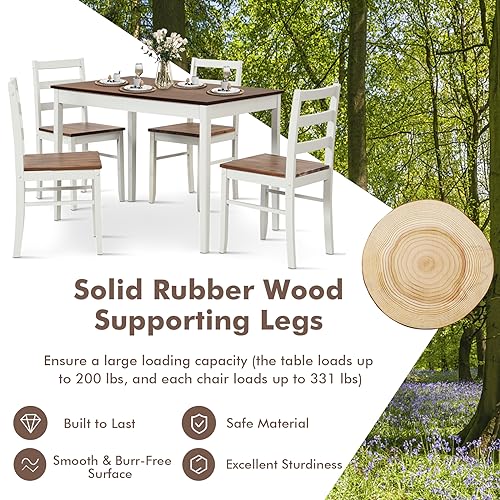 Giantex Dining Table Set for 4, Solid Wood Rectangular Table & 4 Chairs, 5 Pieces Farmhouse Dinette Set wtih Rubber Wood Legs, Space-Saving Kitchen Table Set for Kitchen Dining Room (Rustic Brown) - Image 6