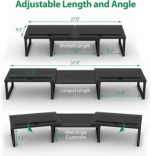 Miniatura 5 de MEBRUDY Soporte elevador para monitor doble, longitud y ángulo ajustables, soporte de monitor de madera para escritorio, soporte de monitor con 2