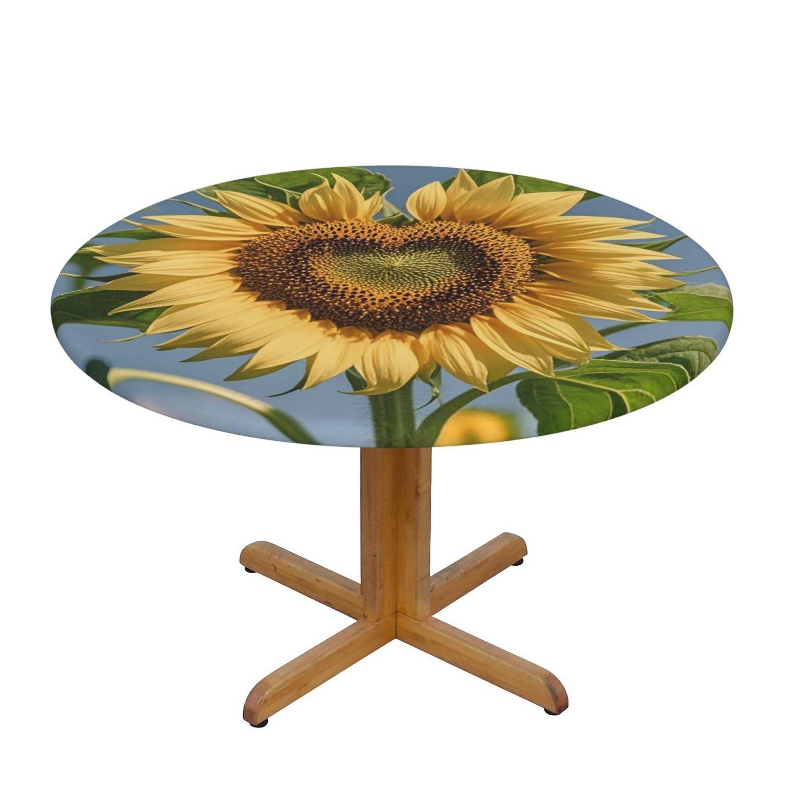 BTCOWZRV Heart Shaped Sunflower Round Spandex Tablecloth 47 Inch, Elastic Fitted Waterproof Tablecloths Stretch Washable Picnic Table Cover for Camping, Dining, Indoor and Outdoor
