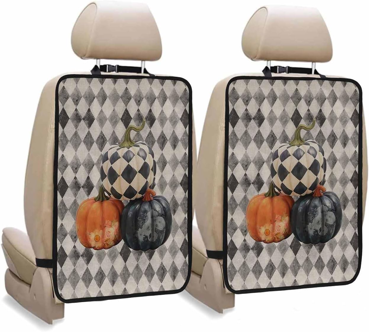 Car Seat Protector, 2 Pack Kick Mats Back Seat Protector Fall Thanksgiving Pumpkin with Floral Black White Diamond Plaid Waterproof Backseat Cover for Universal Fit Automotive Interior Protectors