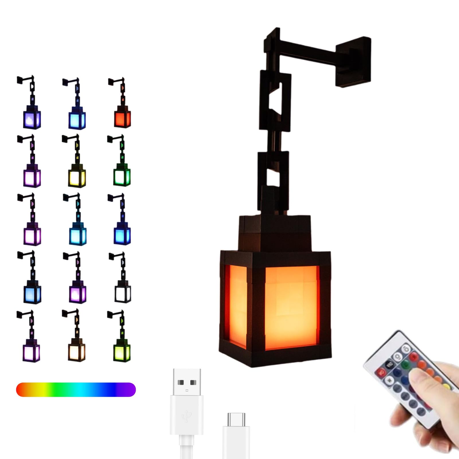 Pixelated Lantern LED Night Light, 16-Color Led Wall Mood Night Light with Remote Control, Rechargeable Table/Wall Night Lamp, for Bedroom & Home Decoration (with Chain)