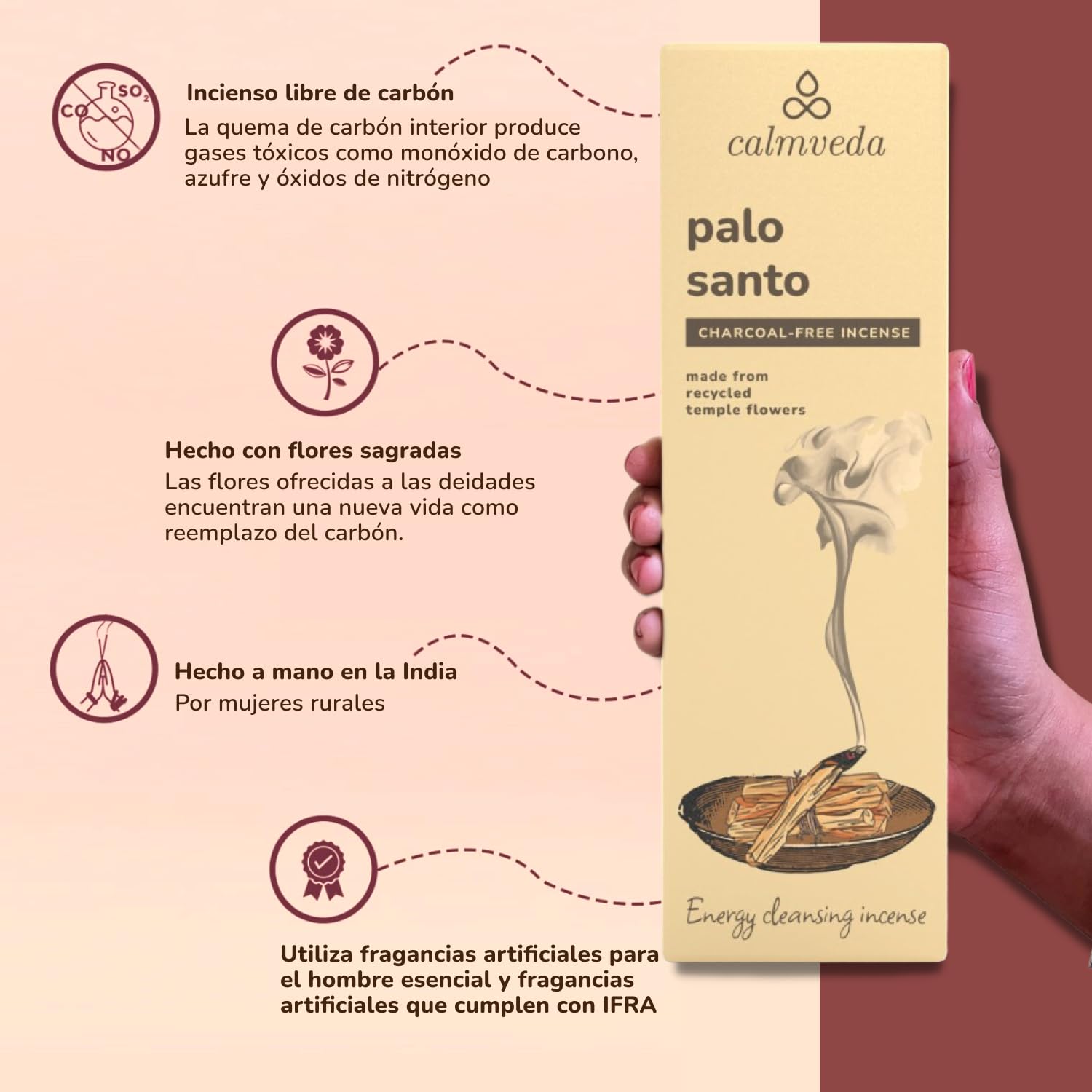 Calmveda Incienso Palo Santo Varillas 80% Orgánico Sin Carbón Flor Reciclada Limpieza Energética