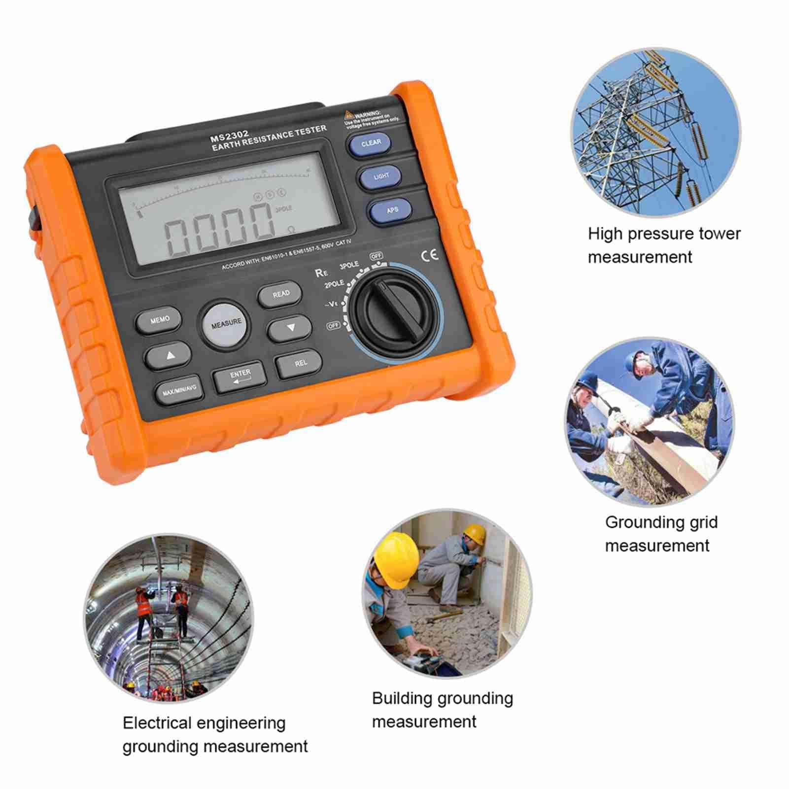 PEAKMETER MS2302 Tester Ohm per Asta di Messa a Terra Digitale, Misuratore Analogico Tester di Resistenza di Terra, 0~4K Ohm 100 Gruppi Registrazione Dati con Display LCD