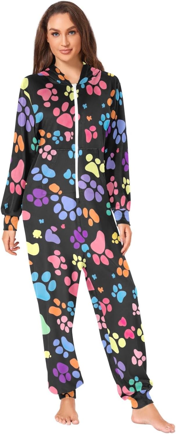 GAIREG Colorful Cute Paw Prints Adult Onesie Pajamas, Soft Hooded One Piece Loungewear for Men Women