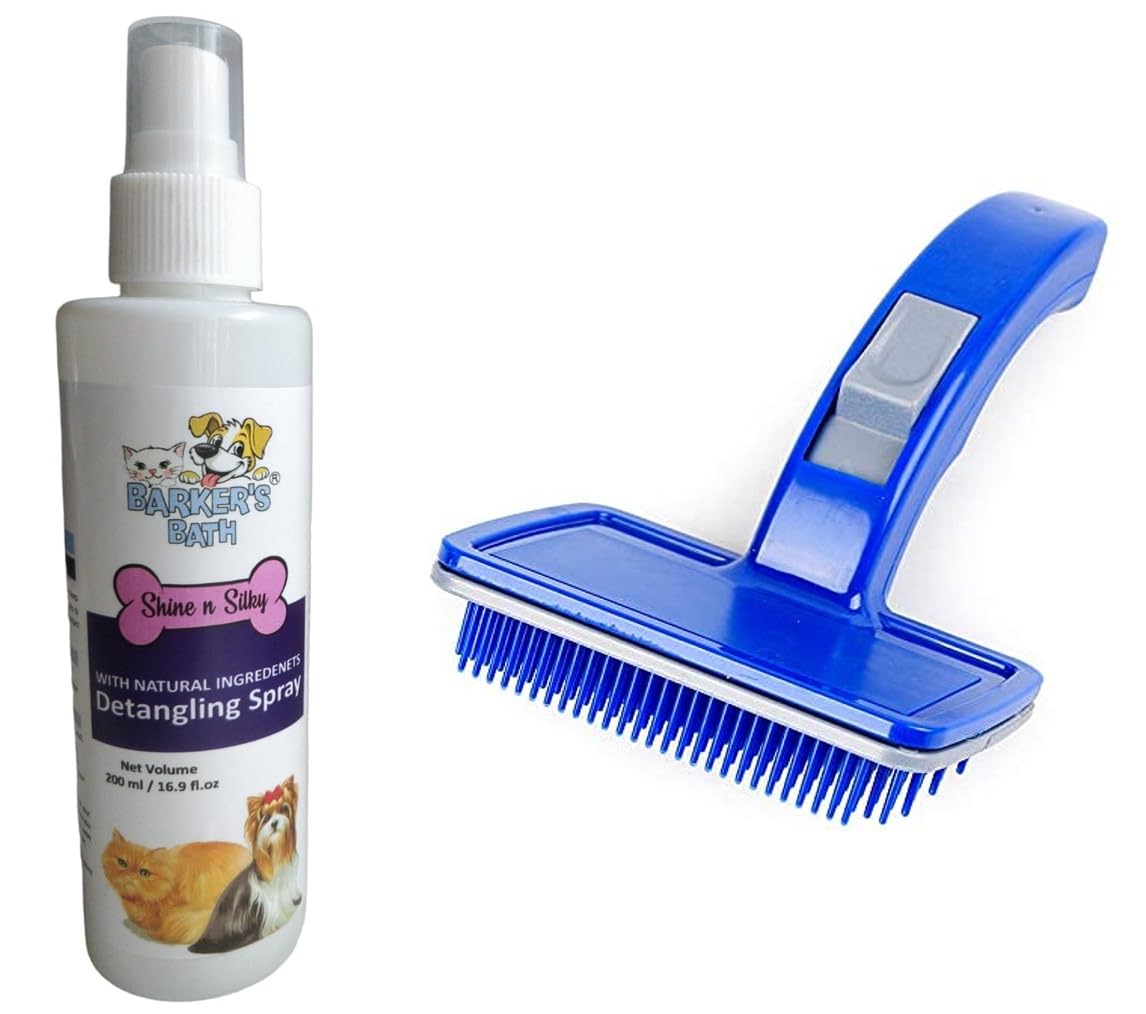 Barkers Bath Detangling Spray with Dog & Cat Plastic Slicker Brush with Press Key for Dematting, Detangling, Deshedding and Grooming || Premium Self Cleaning Slicker Brush, Easy to Clean Comb for Long or Short Haired Dogs (Colors May Vary) (B09HKRJJJN) Amazon Price History, Amazon Price Tracker
