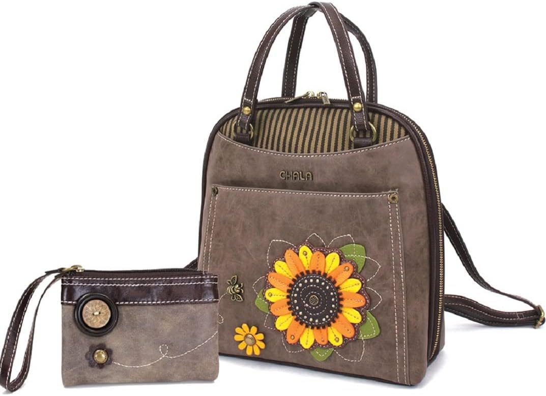 Chala Group Chala Handbags Sunflower Convertible Backpack Purse and Double Fold Wallet Bundle- Flower Lovers, Grey color