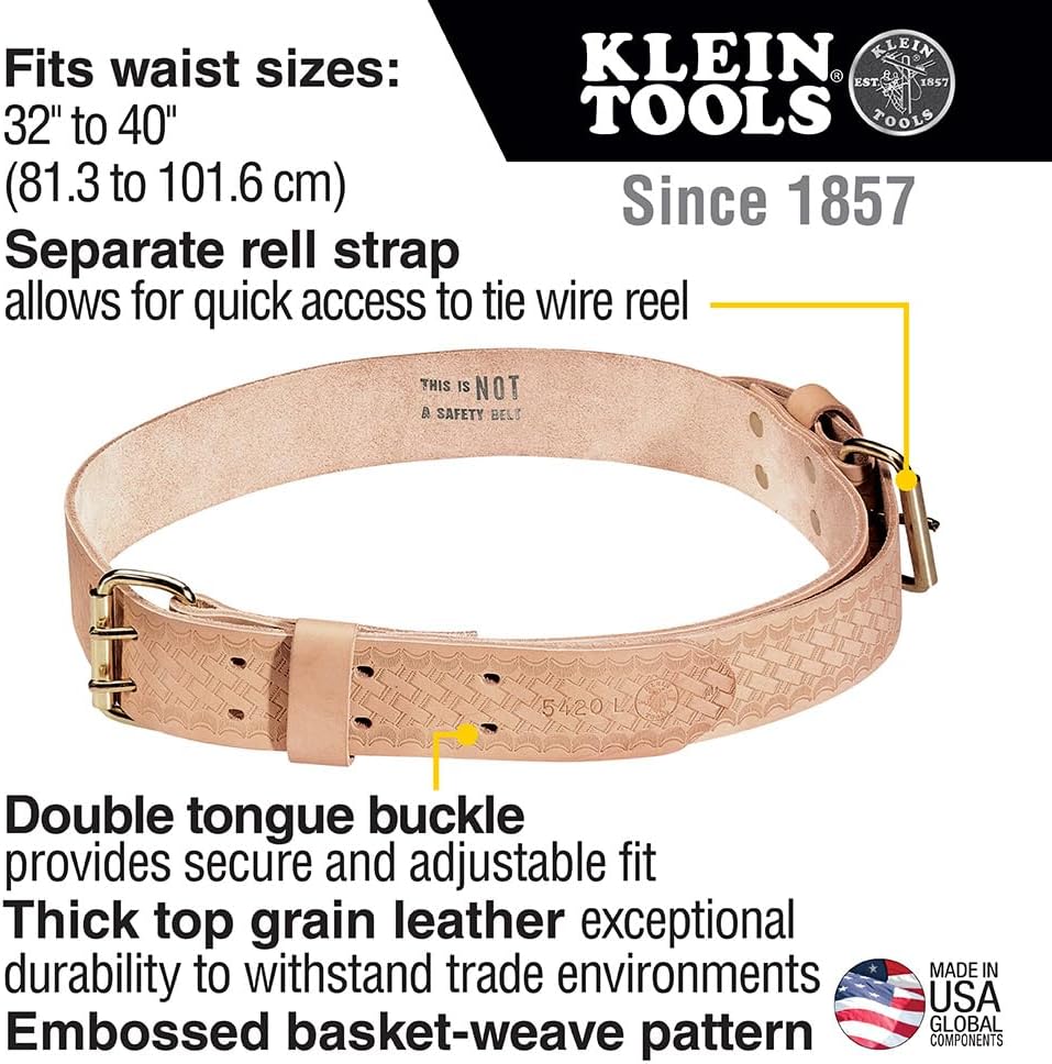 Klein Tools 5420S Tool Belt, Heavy-Duty Rugged Leather Ironworker Belt, Small