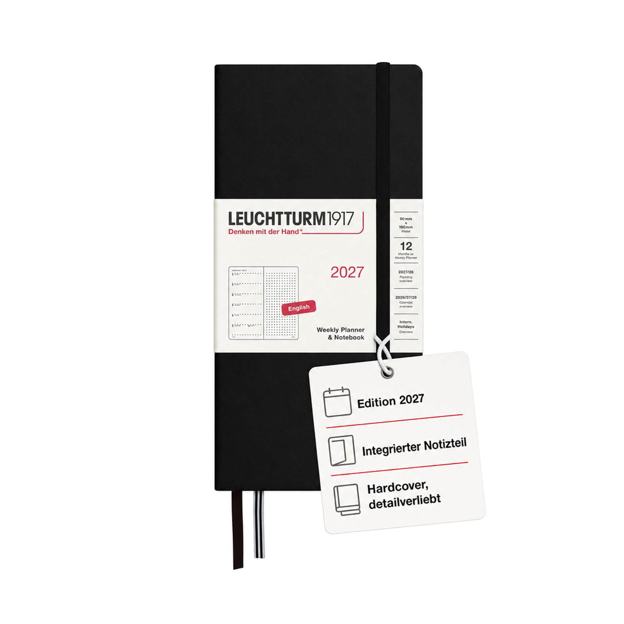 LEUCHTTURM1917 Weekly Planner 2027 Dotted Wallet (B6+ x A6) with Notebook - Diary English, Black, Hard Cover, 125 x 190 mm + 90 x 150 mm, January-December, Weekly Overview + Note Page