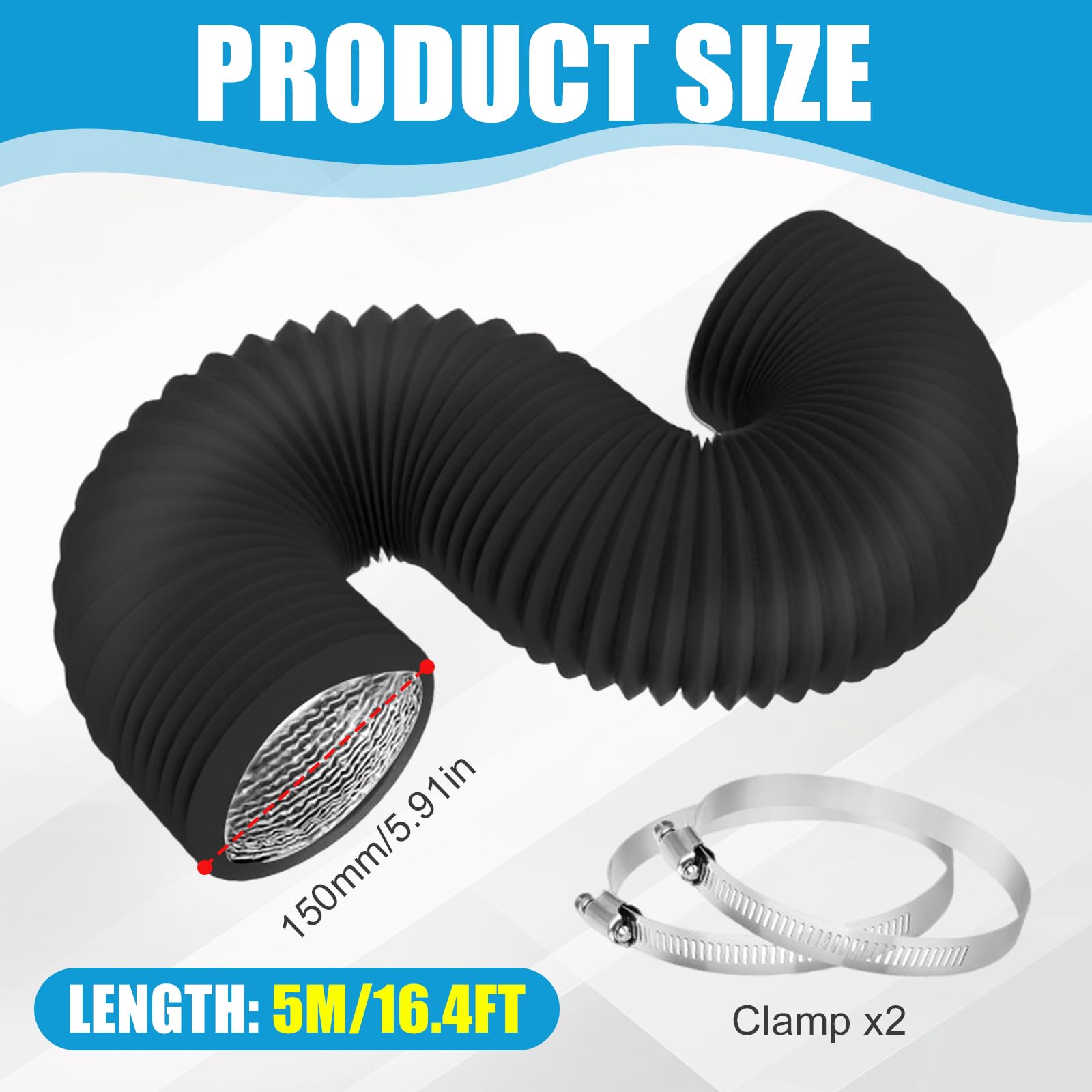 Abluftschlauch 100mm/150mm,Klimaanlage Schlauch,PVC Alurohr Flex-Schlauch mit 2 Schlauchschelle Edelstahl,Schlauch Verlängerung für Mobile Klimaanlage,Abzugshaube,Belüftungssystem (150mm(D)*5m(L))
