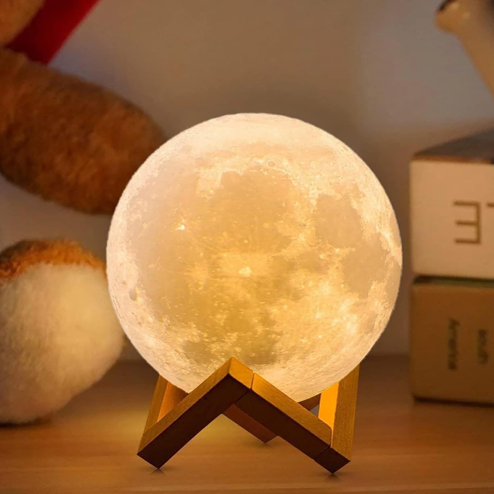 Lámpara de luna, luz nocturna de impresión 3D con temporizador, soporte de madera y control táctil remoto, ideal para niños y decoración del hogar, 12 cm