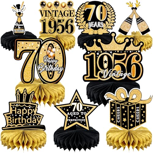 9 Pcs 70th Birthday Decoration for Men Women Happy 70th Birthday Honeycomb Centerpieces 70th Birthday Table Decorations Black and Gold Cheers to 70 Years Decor Birthday Party Favors
