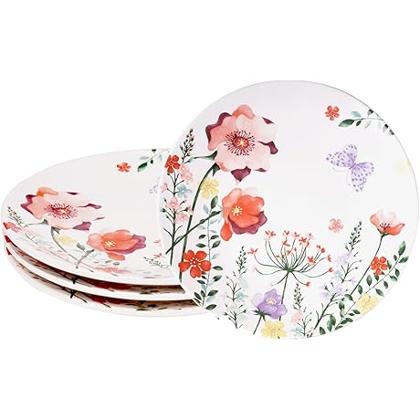 Sonemone Poppy Flowers Dinner Plates Set of 4, 11 Inch Ceramic Plates