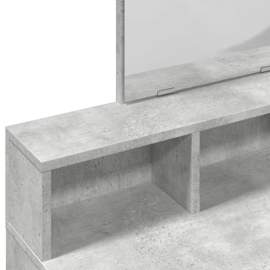 Tocador con espejo gris hormigón 80 x 41 x 144,5 cm, material de madera con 2 cajones, 3 compartimentos, almacenamiento para dormitorio, habitación de niñas, ahorra espacio para peinar y